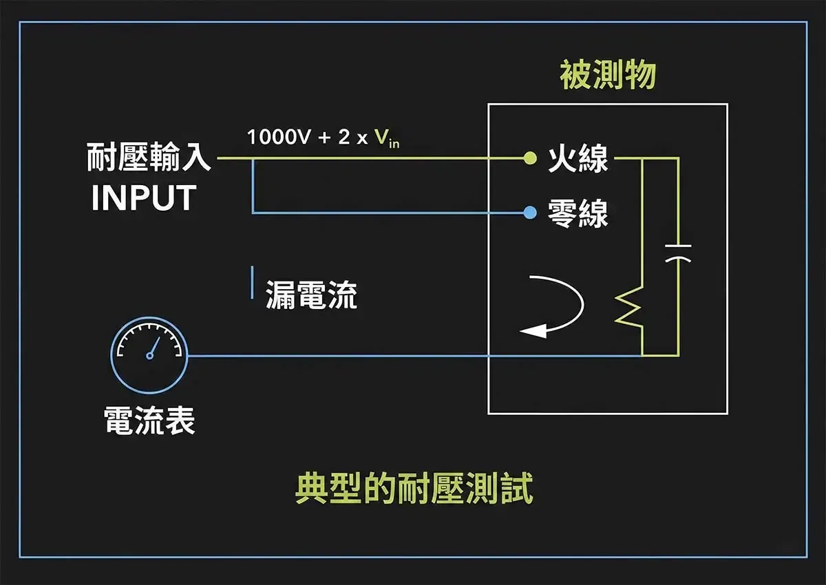 此示意圖說明 Hipot Test 進行時的電路配置，用以量測產品絕緣的安全性與有效性。