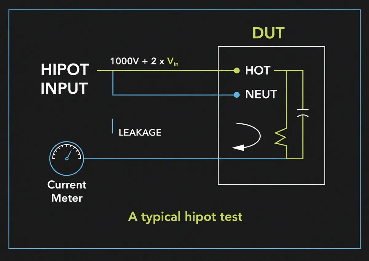 This diagram shows how a circuit is set up during a hipot test to measure the safety and effectiveness of a product’s insulation.